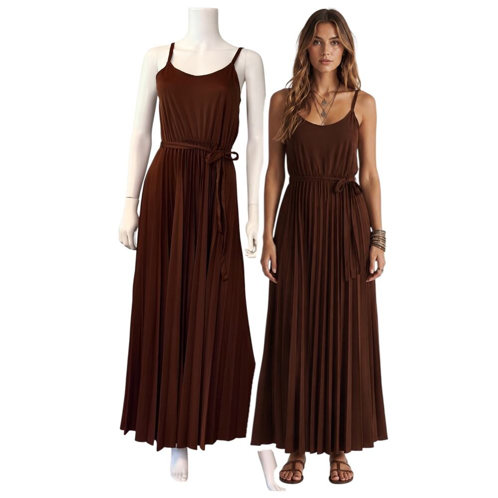 Boho Chocolate Brown Pleated Maxi Dress Size S/M Spaghetti Strap Goddess Vtg